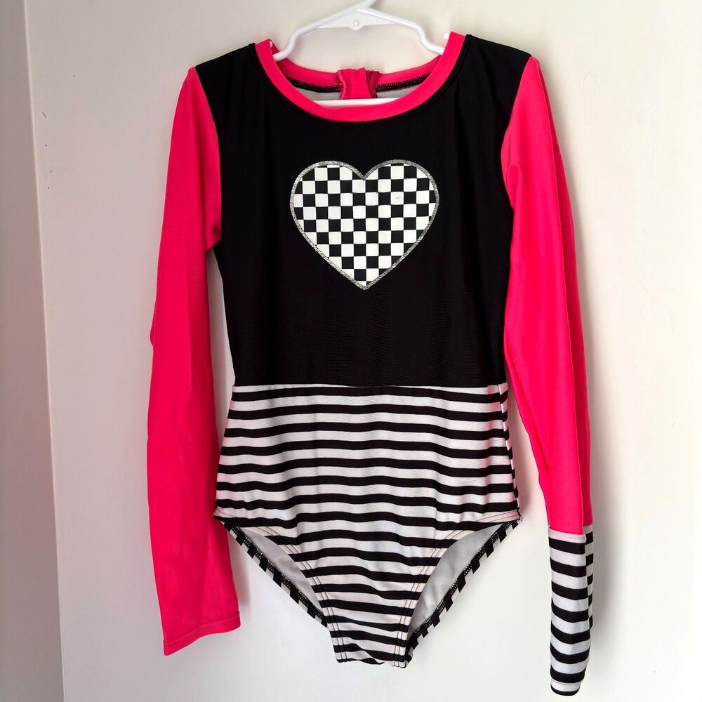 Art Class Retro Pink/Blk Checked Flag Hot Pink One Piece Swimsuit Girl's 7/8 #M